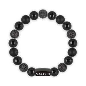 Top view of a 10mm Black Sirius crystal beaded stretch bracelet with black stainless steel logo bead made by Voltlin