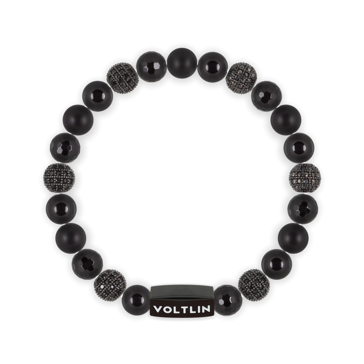 Front view of an 8mm Black Sirius crystal beaded stretch bracelet with black stainless steel logo bead made by Voltlin