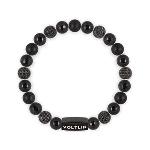 Top view of an 8mm Black Sirius crystal beaded stretch bracelet with black stainless steel logo bead made by Voltlin