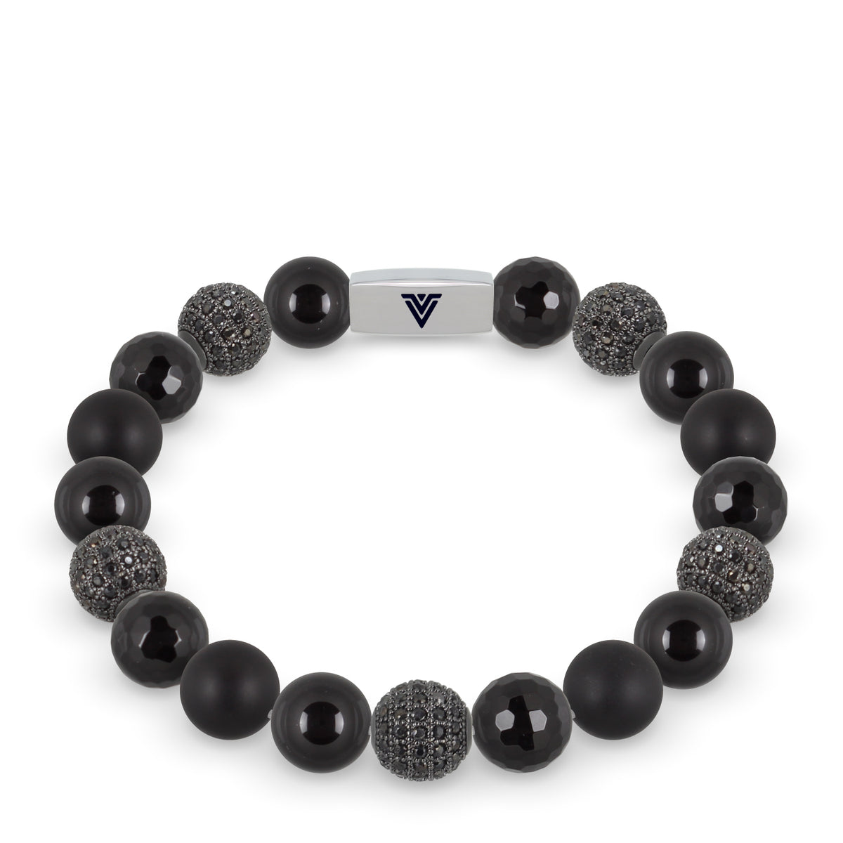 Front view of a 10mm Black Sirius beaded stretch bracelet featuring Smooth Onyx, Black Pave, Faceted Onyx, & Matte Onyx crystal and silver stainless steel logo bead made by Voltlin