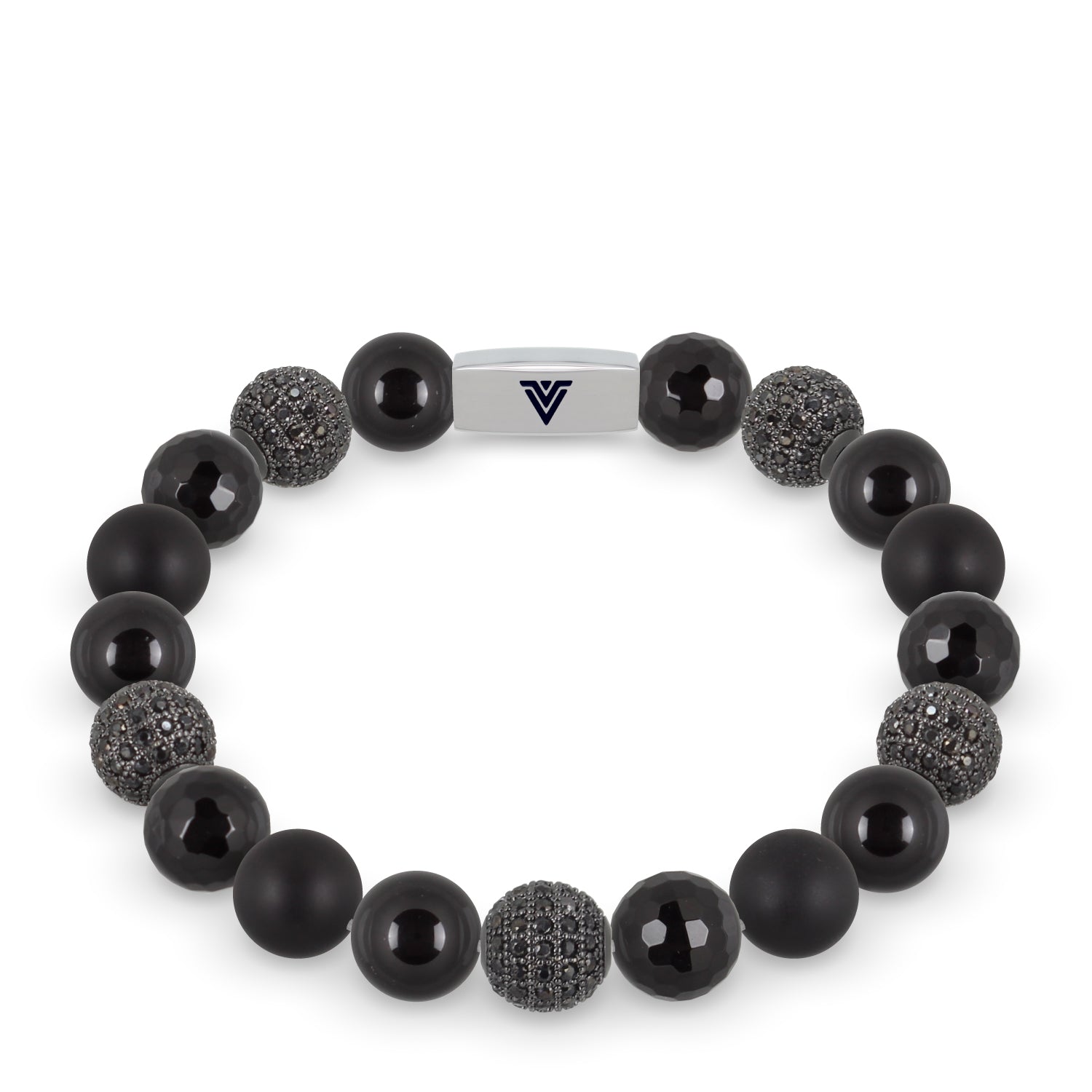 Front view of a 10mm Black Sirius beaded stretch bracelet featuring Smooth Onyx, Black Pave, Faceted Onyx, & Matte Onyx crystal and silver stainless steel logo bead made by Voltlin