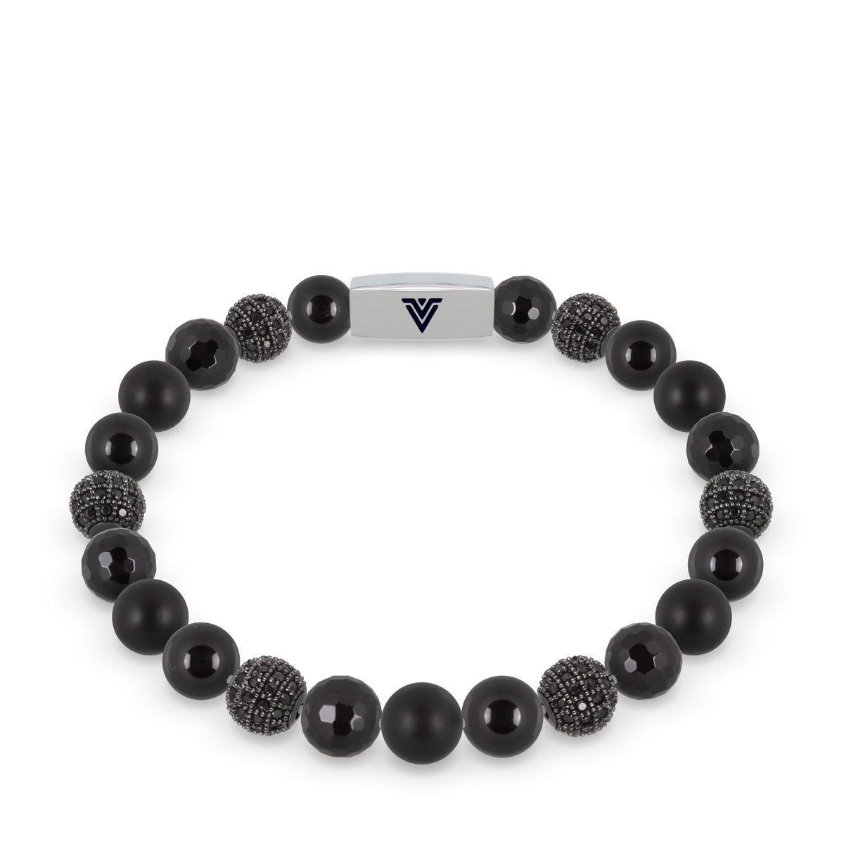 Front view of an 8mm Black Sirius beaded stretch bracelet featuring Smooth Onyx, Black Pave, Faceted Onyx, & Matte Onyx crystal and silver stainless steel logo bead made by Voltlin