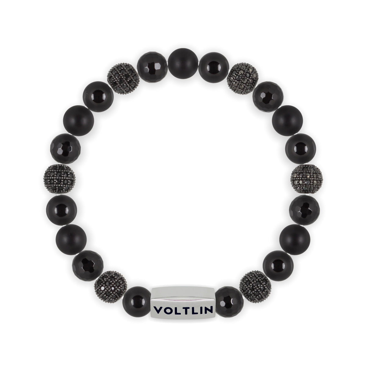Top view of an 8mm Black Sirius beaded stretch bracelet featuring Smooth Onyx, Black Pave, Faceted Onyx, & Matte Onyx crystal and silver stainless steel logo bead made by Voltlin