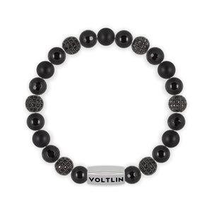 Top view of an 8mm Black Sirius beaded stretch bracelet featuring Smooth Onyx, Black Pave, Faceted Onyx, & Matte Onyx crystal and silver stainless steel logo bead made by Voltlin