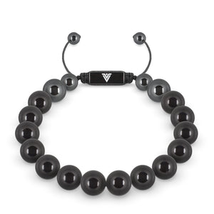 Front view of a 10mm Black Tourmaline crystal beaded shamballa bracelet with black stainless steel logo bead made by Voltlin