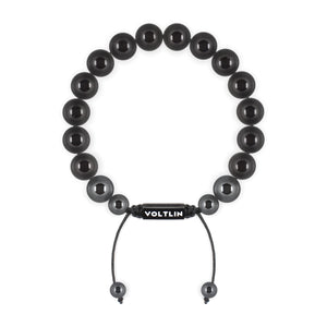 Top view of a 10mm Black Tourmaline crystal beaded shamballa bracelet with black stainless steel logo bead made by Voltlin