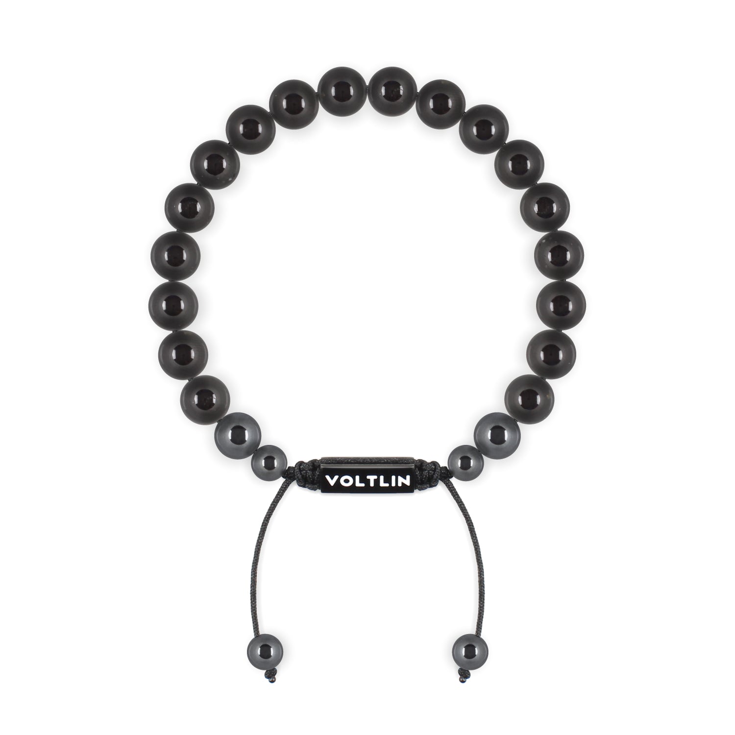 Front view of an 8mm Black Tourmaline crystal beaded shamballa bracelet with black stainless steel logo bead made by Voltlin