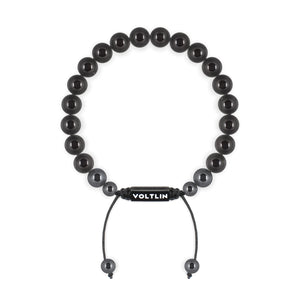Top view of an 8mm Black Tourmaline crystal beaded shamballa bracelet with black stainless steel logo bead made by Voltlin