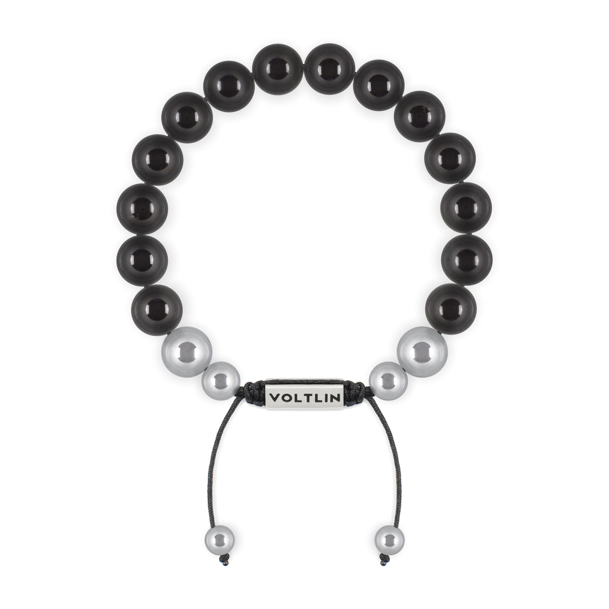Top view of a 10mm Black Tourmaline beaded shamballa bracelet with silver stainless steel logo bead made by Voltlin