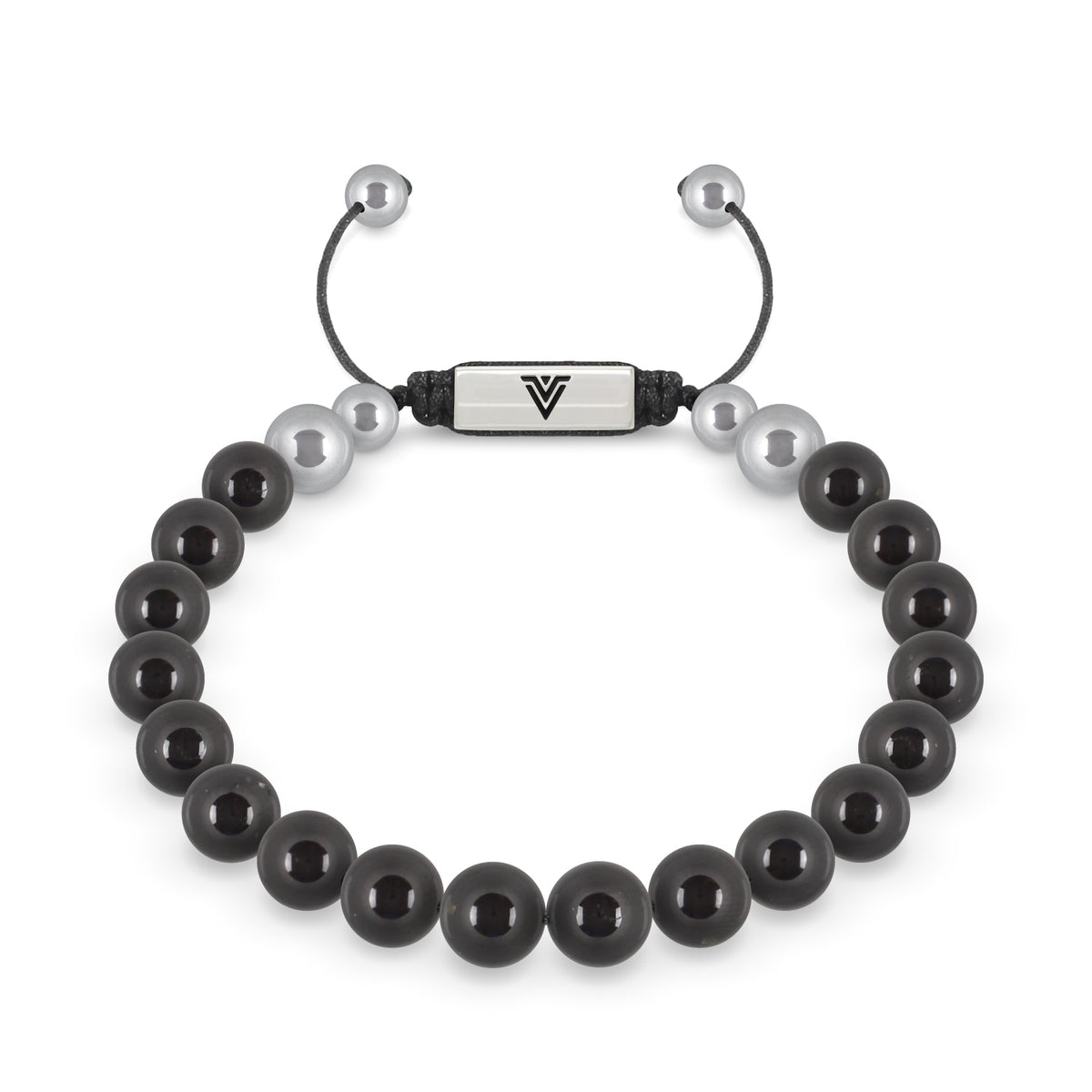 Front view of an 8mm Black Tourmaline beaded shamballa bracelet with silver stainless steel logo bead made by Voltlin