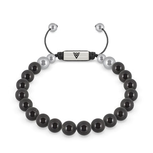 Front view of an 8mm Black Tourmaline beaded shamballa bracelet with silver stainless steel logo bead made by Voltlin