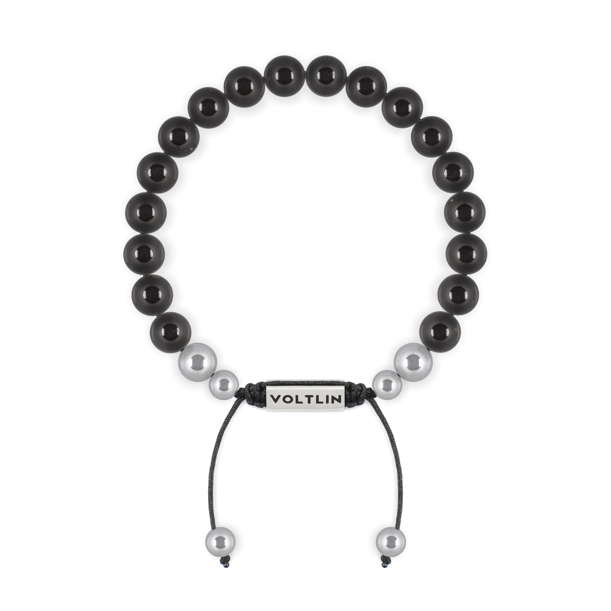 Top view of an 8mm Black Tourmaline beaded shamballa bracelet with silver stainless steel logo bead made by Voltlin
