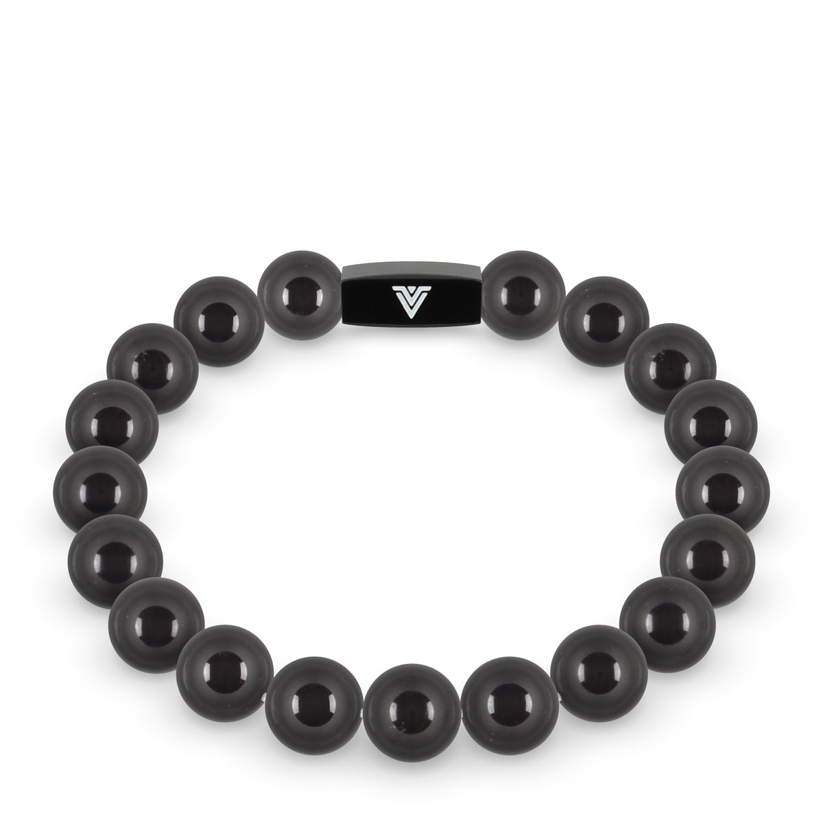 Front view of a 10mm Black Tourmaline crystal beaded stretch bracelet with black stainless steel logo bead made by Voltlin