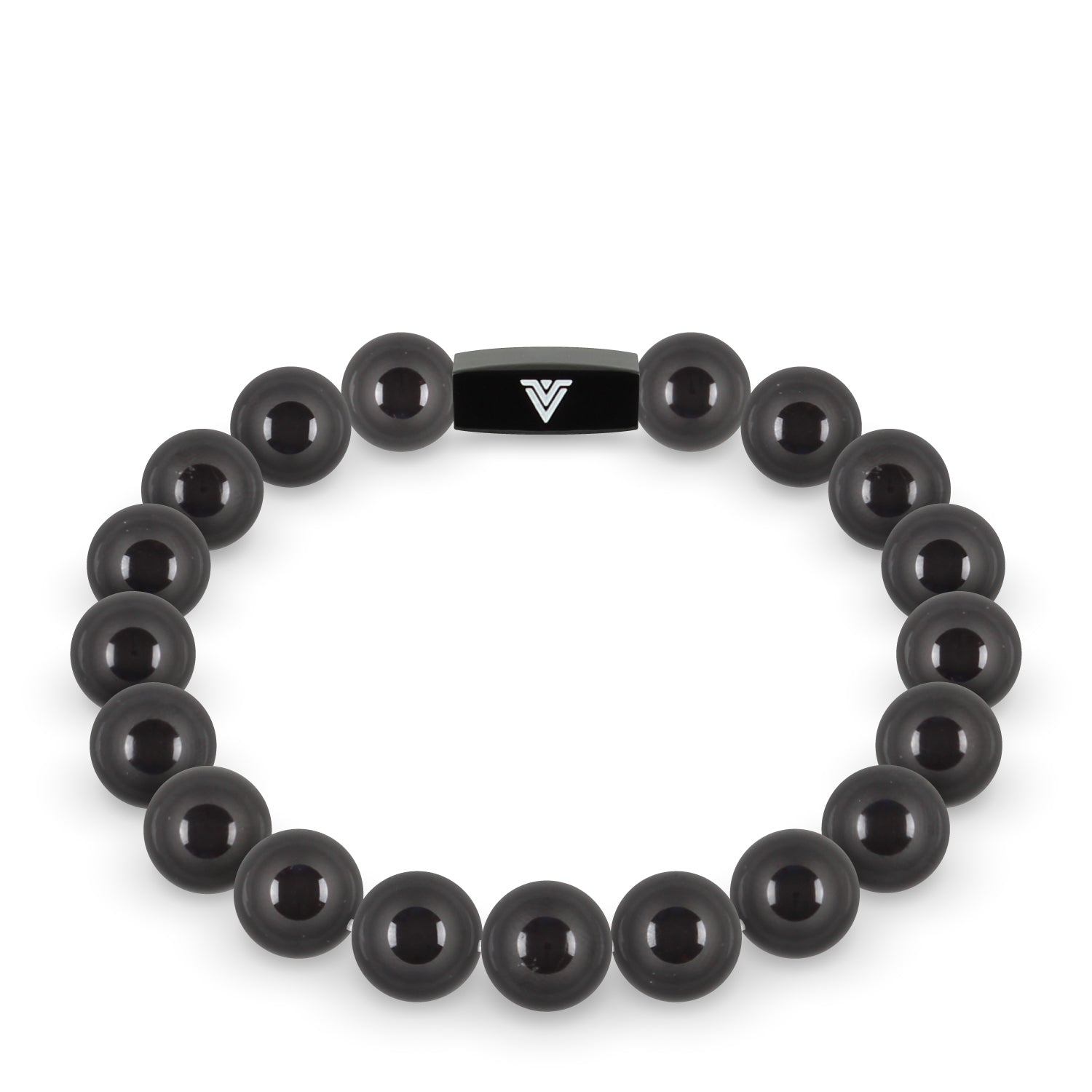 Front view of a 10mm Black Tourmaline crystal beaded stretch bracelet with black stainless steel logo bead made by Voltlin
