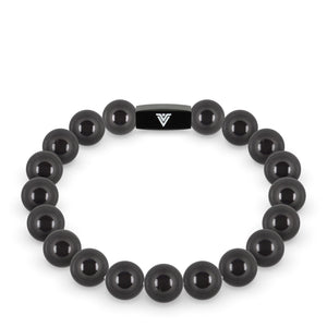 Front view of a 10mm Black Tourmaline crystal beaded stretch bracelet with black stainless steel logo bead made by Voltlin