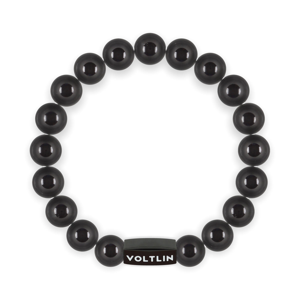 Top view of a 10mm Black Tourmaline crystal beaded stretch bracelet with black stainless steel logo bead made by Voltlin