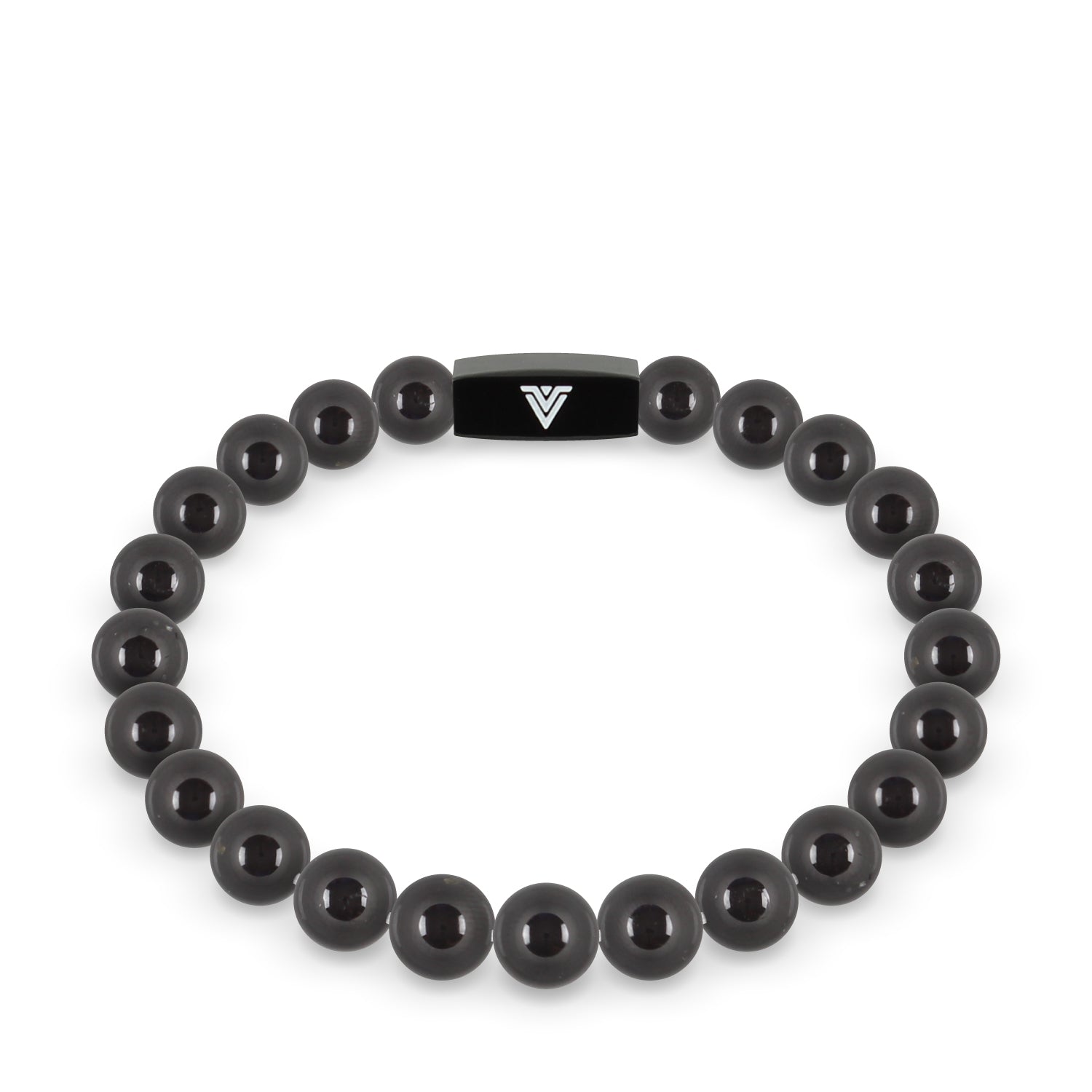 Front view of an 8mm Black Tourmaline crystal beaded stretch bracelet with black stainless steel logo bead made by Voltlin