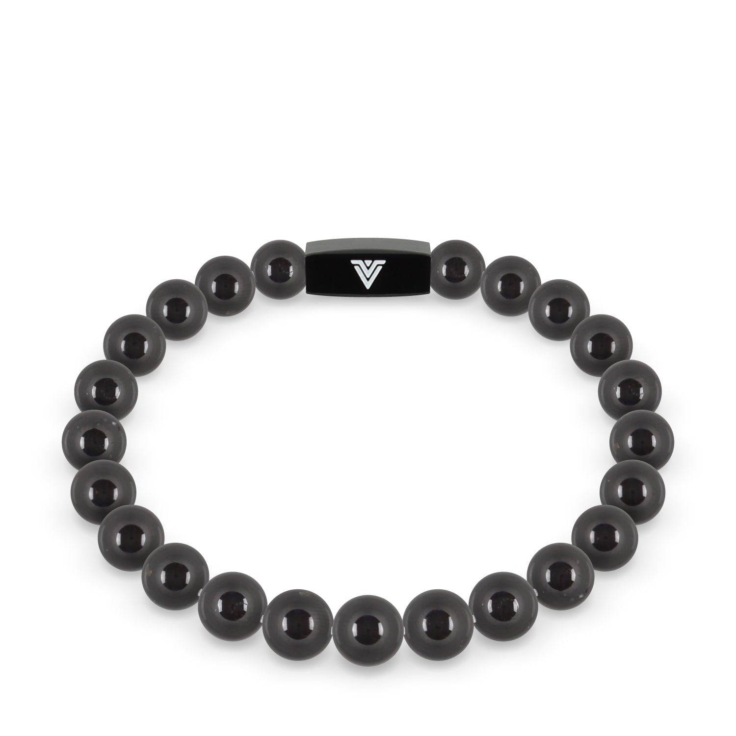 Front view of an 8mm Black Tourmaline crystal beaded stretch bracelet with black stainless steel logo bead made by Voltlin