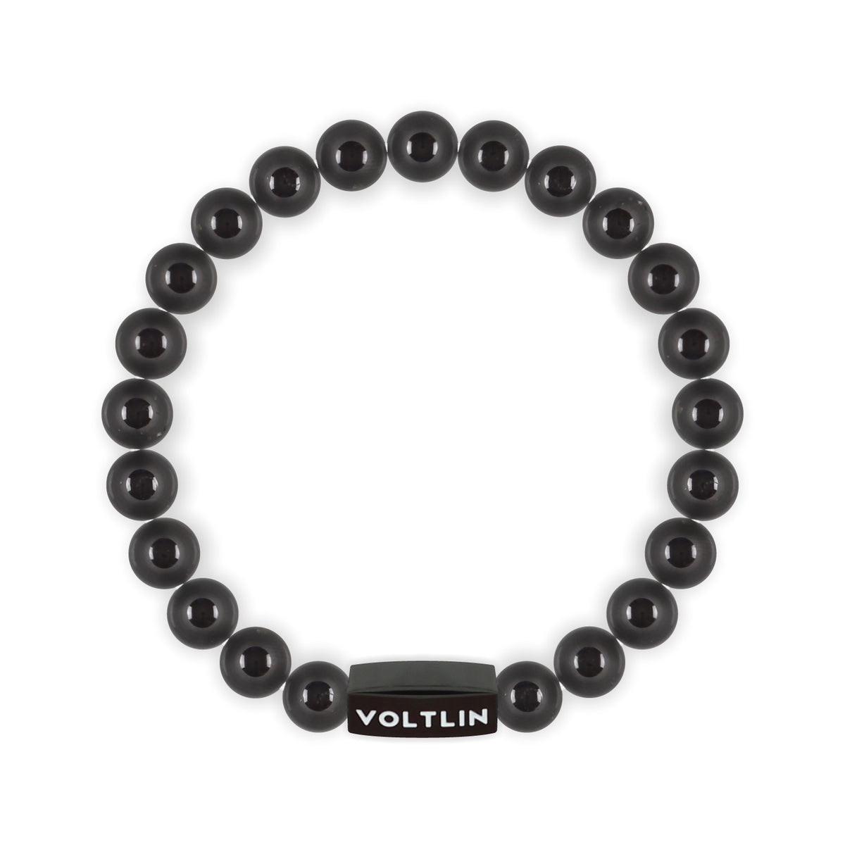 Top view of an 8mm Black Tourmaline crystal beaded stretch bracelet with black stainless steel logo bead made by Voltlin