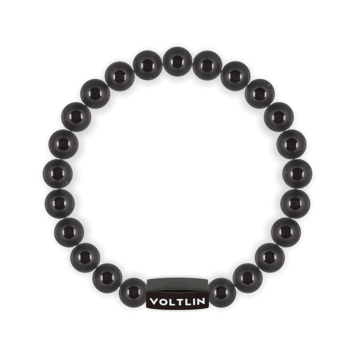 Front view of an 8mm Black Tourmaline crystal beaded stretch bracelet with black stainless steel logo bead made by Voltlin
