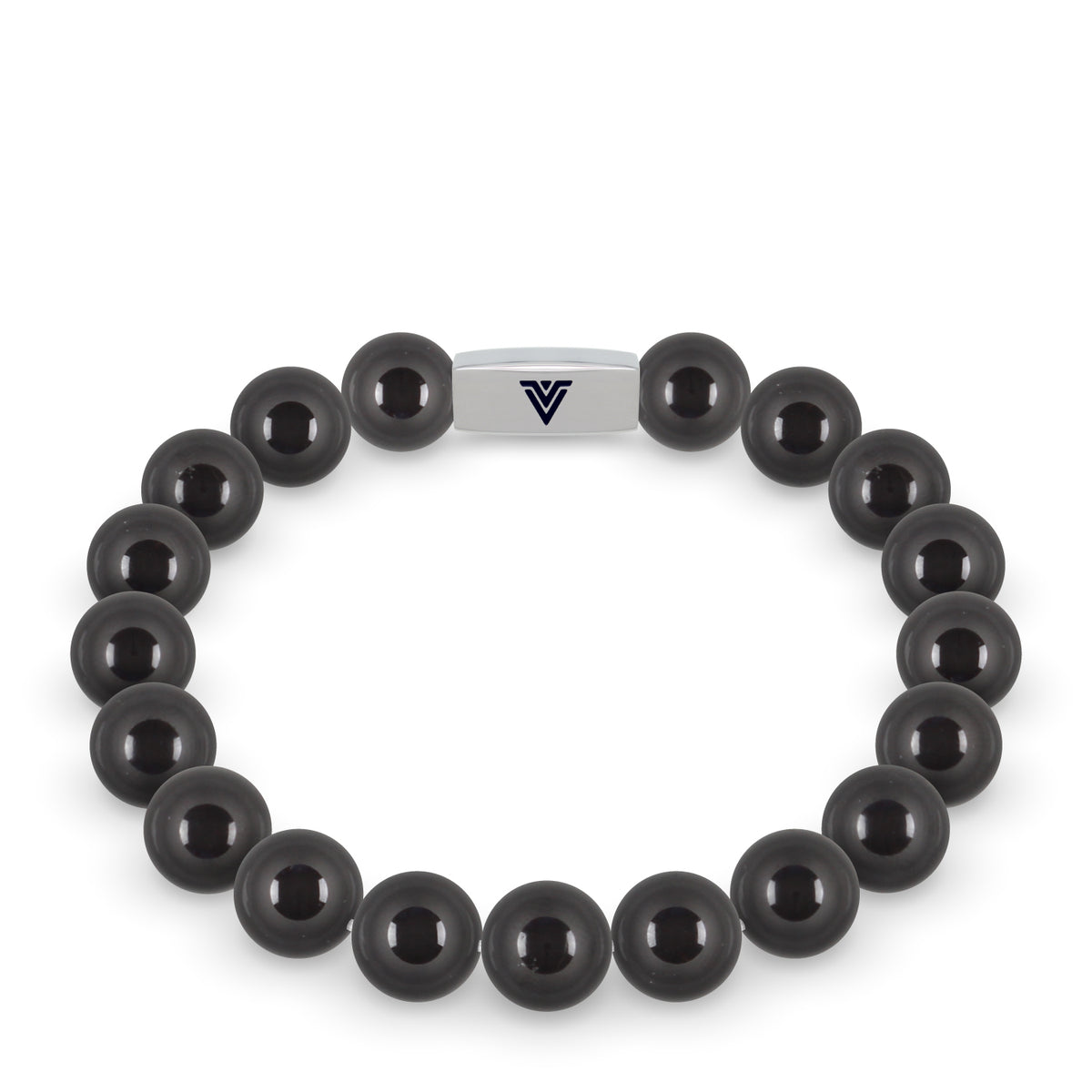 Front view of a 10mm Black Tourmaline beaded stretch bracelet with silver stainless steel logo bead made by Voltlin