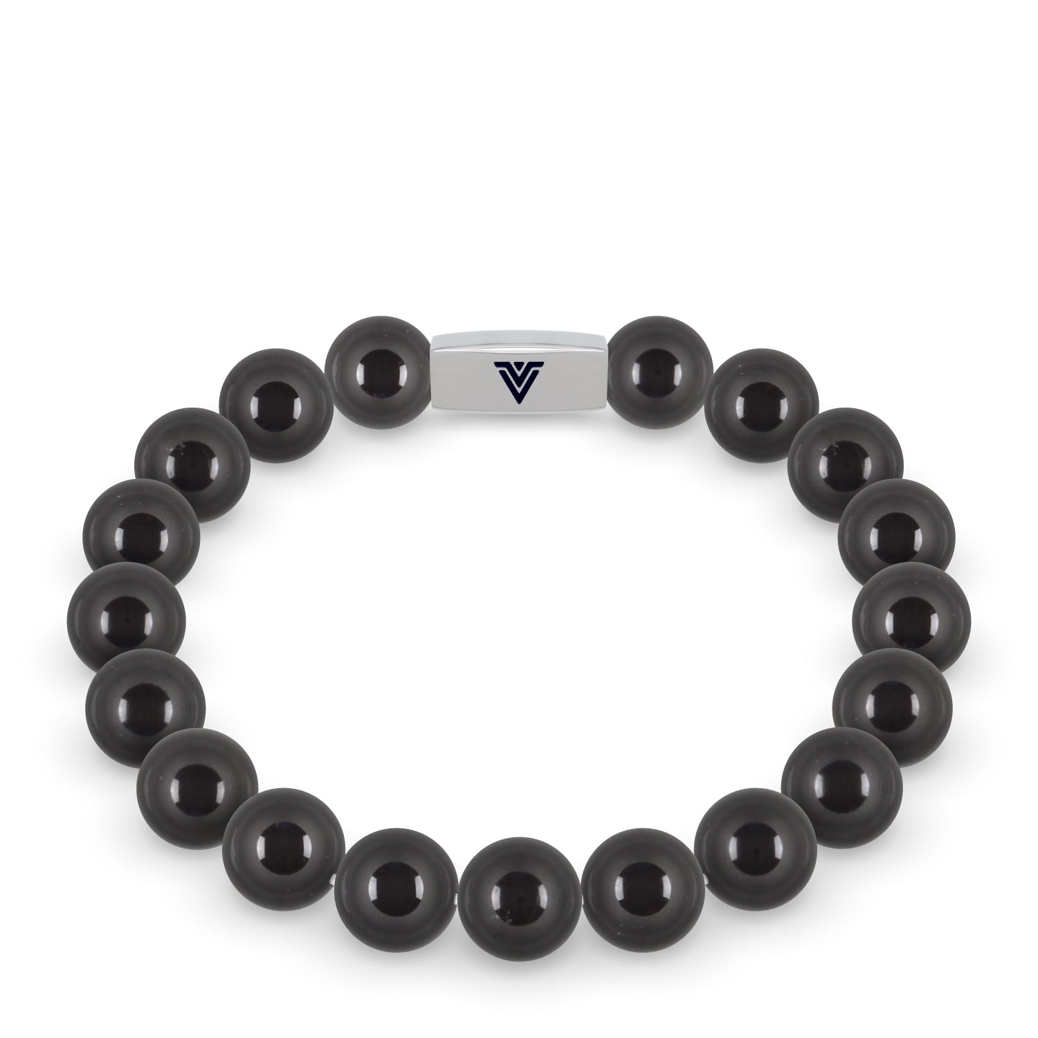 Front view of a 10mm Black Tourmaline beaded stretch bracelet with silver stainless steel logo bead made by Voltlin