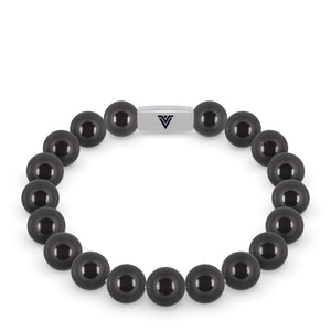 Front view of a 10mm Black Tourmaline beaded stretch bracelet with silver stainless steel logo bead made by Voltlin