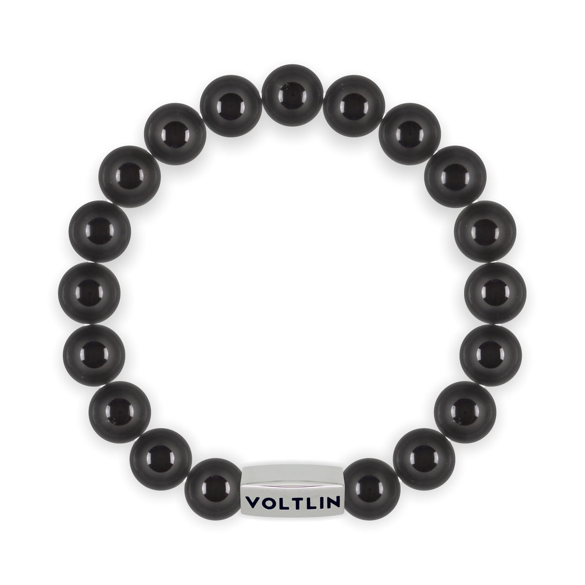 Top view of a 10mm Black Tourmaline beaded stretch bracelet with silver stainless steel logo bead made by Voltlin