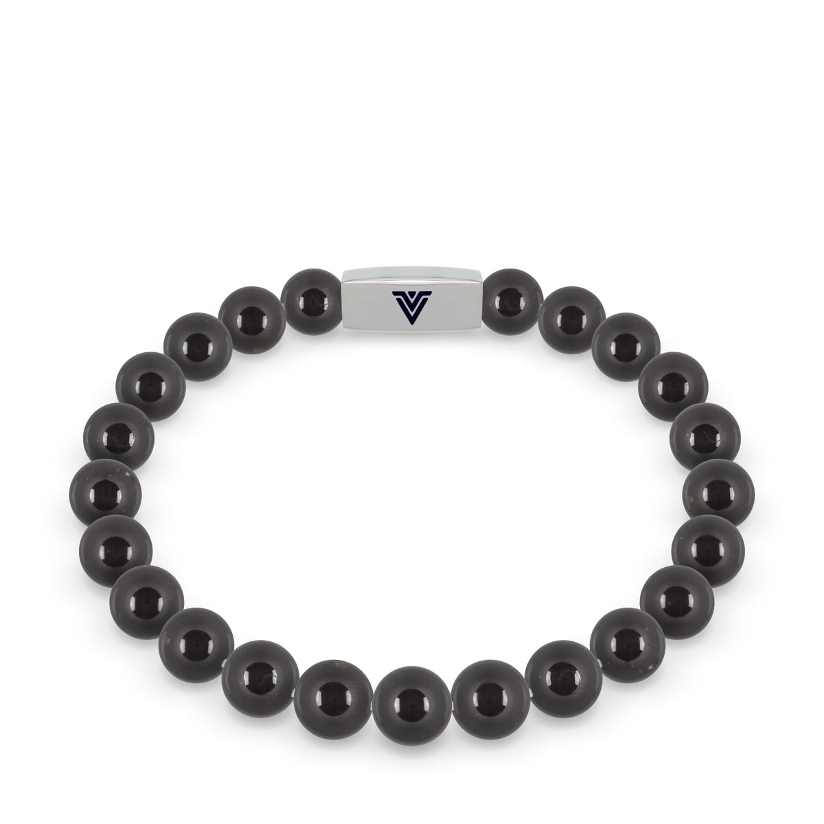 Front view of an 8mm Black Tourmaline beaded stretch bracelet with silver stainless steel logo bead made by Voltlin