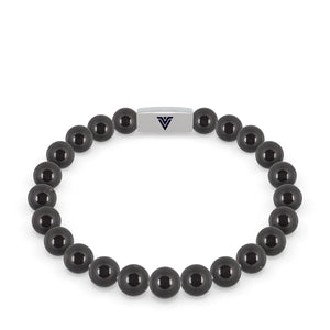 Front view of an 8mm Black Tourmaline beaded stretch bracelet with silver stainless steel logo bead made by Voltlin