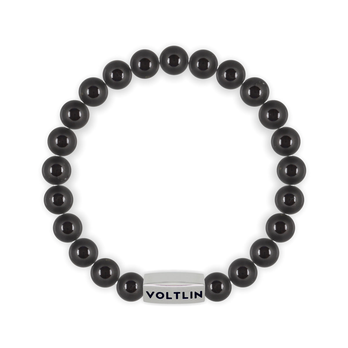 Top view of an 8mm Black Tourmaline beaded stretch bracelet with silver stainless steel logo bead made by Voltlin