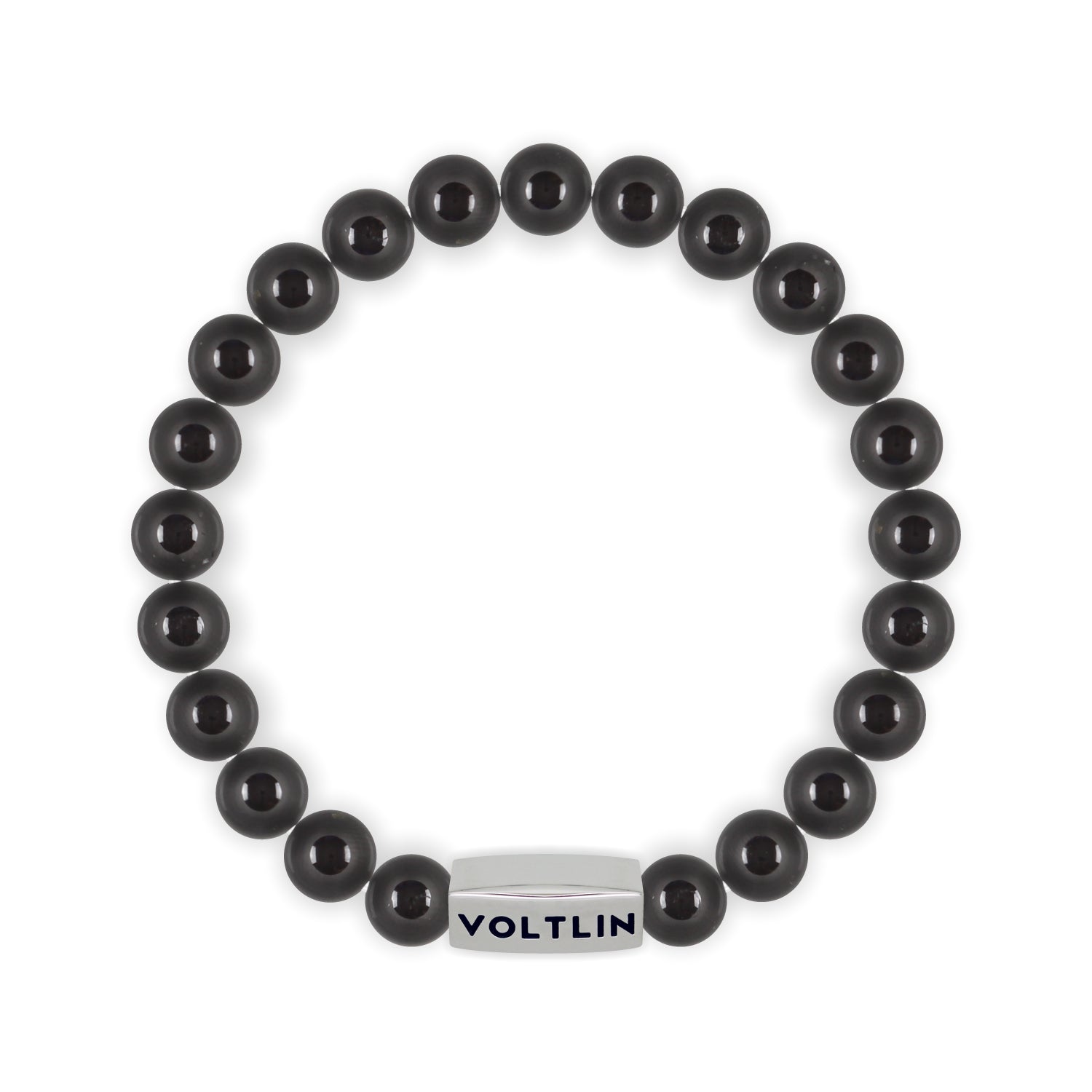 Top view of an 8mm Black Tourmaline beaded stretch bracelet with silver stainless steel logo bead made by Voltlin