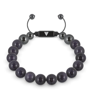 Front view of a 10mm Blue Goldstone crystal beaded shamballa bracelet with black stainless steel logo bead made by Voltlin