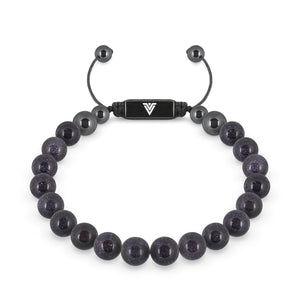 Front view of an 8mm Blue Goldstone crystal beaded shamballa bracelet with black stainless steel logo bead made by Voltlin