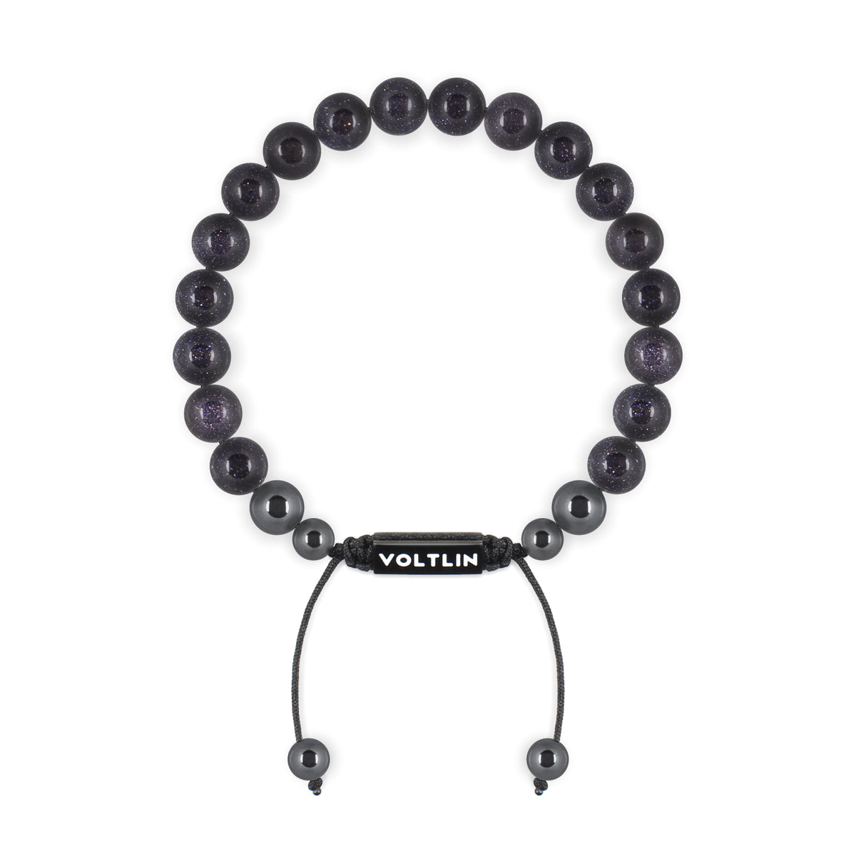 Top view of an 8mm Blue Goldstone crystal beaded shamballa bracelet with black stainless steel logo bead made by Voltlin