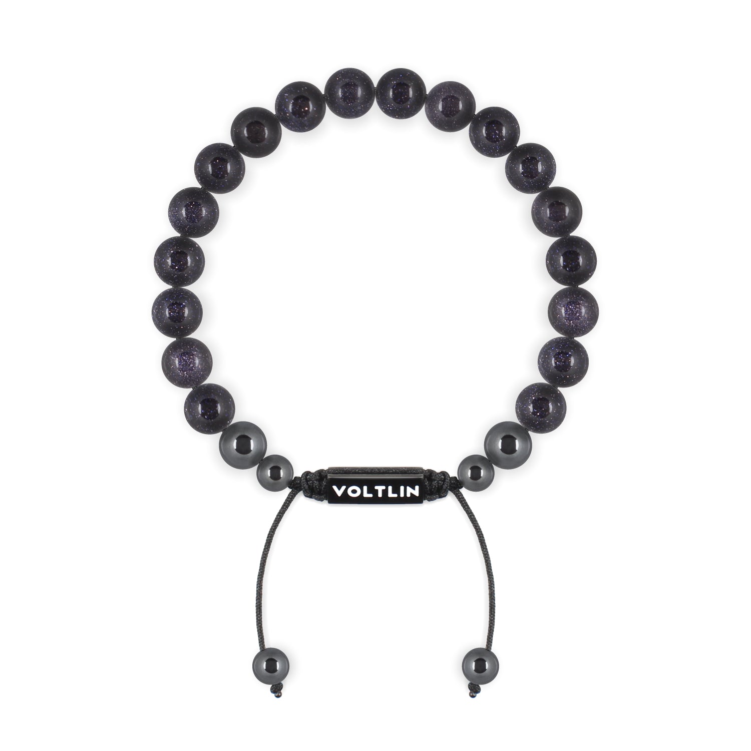 Front view of an 8mm Blue Goldstone crystal beaded shamballa bracelet with black stainless steel logo bead made by Voltlin