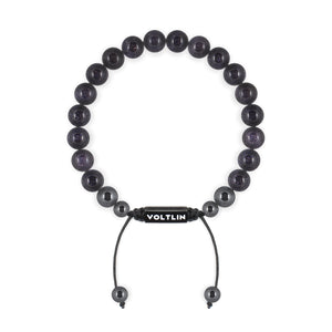 Top view of an 8mm Blue Goldstone crystal beaded shamballa bracelet with black stainless steel logo bead made by Voltlin