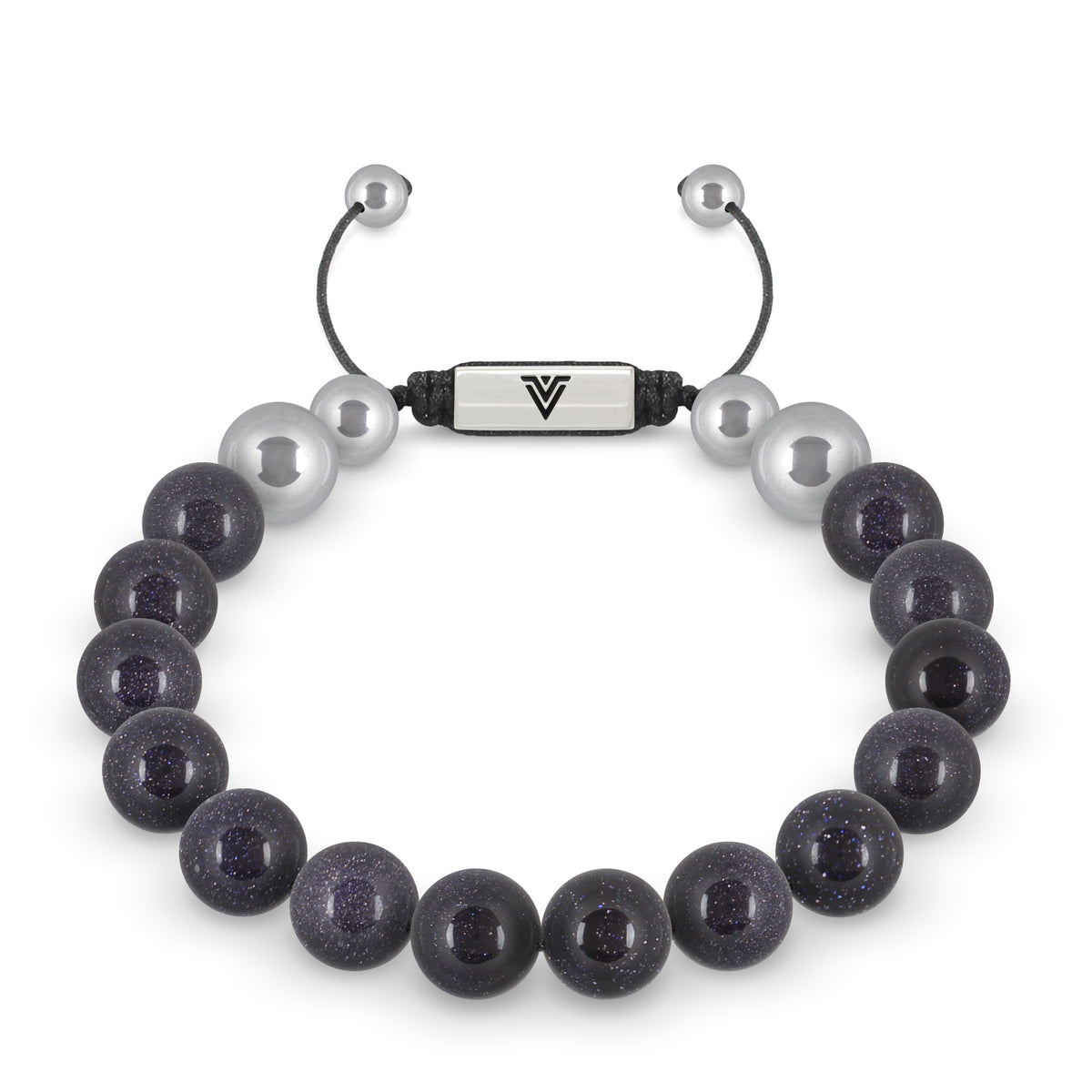 Front view of a 10mm Blue Goldstone beaded shamballa bracelet with silver stainless steel logo bead made by Voltlin