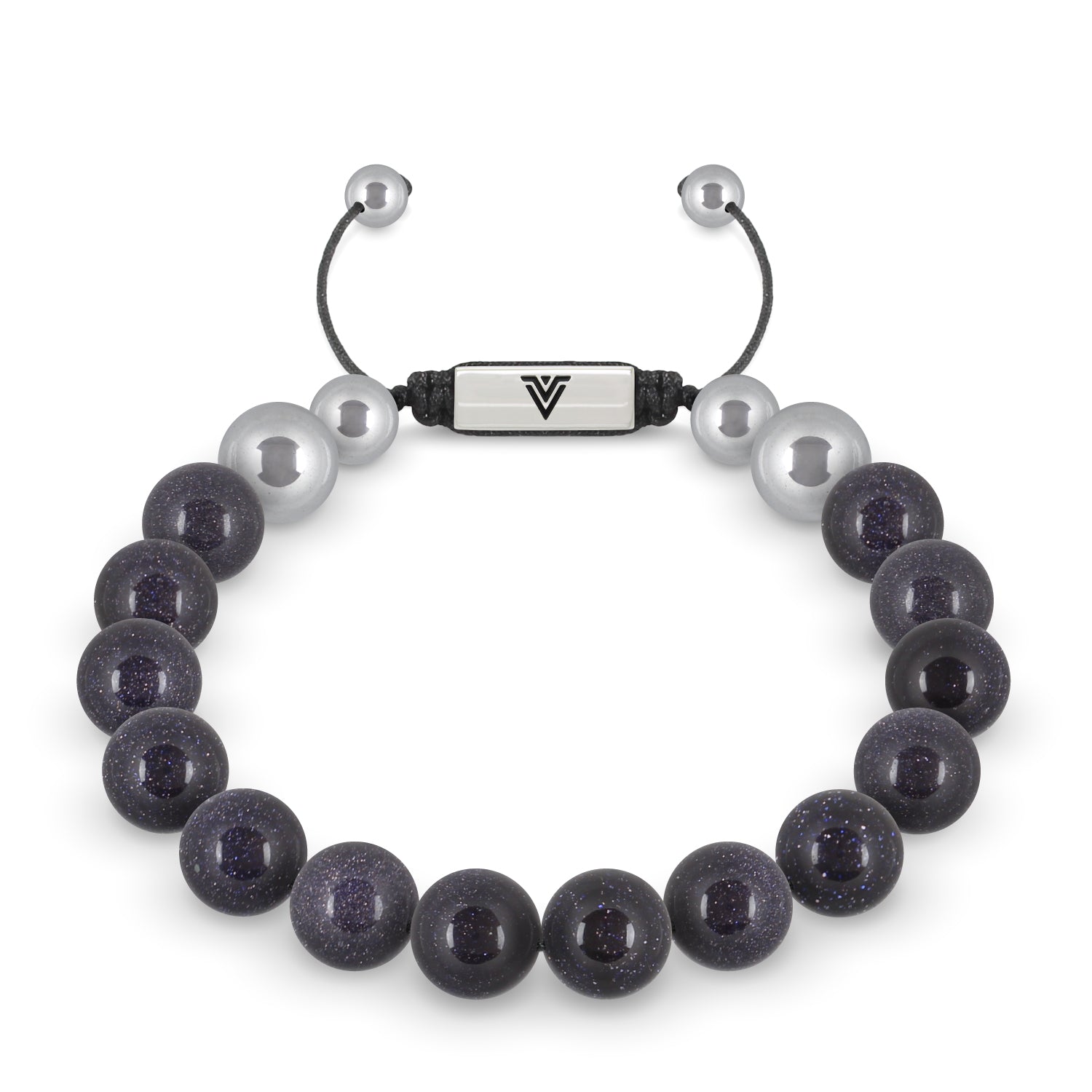 Front view of a 10mm Blue Goldstone beaded shamballa bracelet with silver stainless steel logo bead made by Voltlin