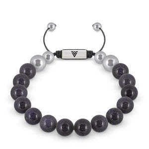 Front view of a 10mm Blue Goldstone beaded shamballa bracelet with silver stainless steel logo bead made by Voltlin