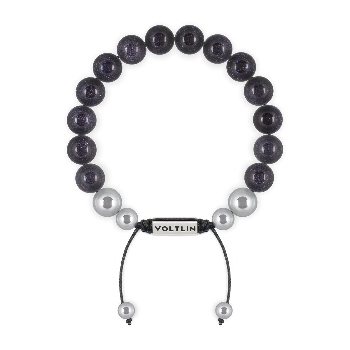 Top view of a 10mm Blue Goldstone beaded shamballa bracelet with silver stainless steel logo bead made by Voltlin