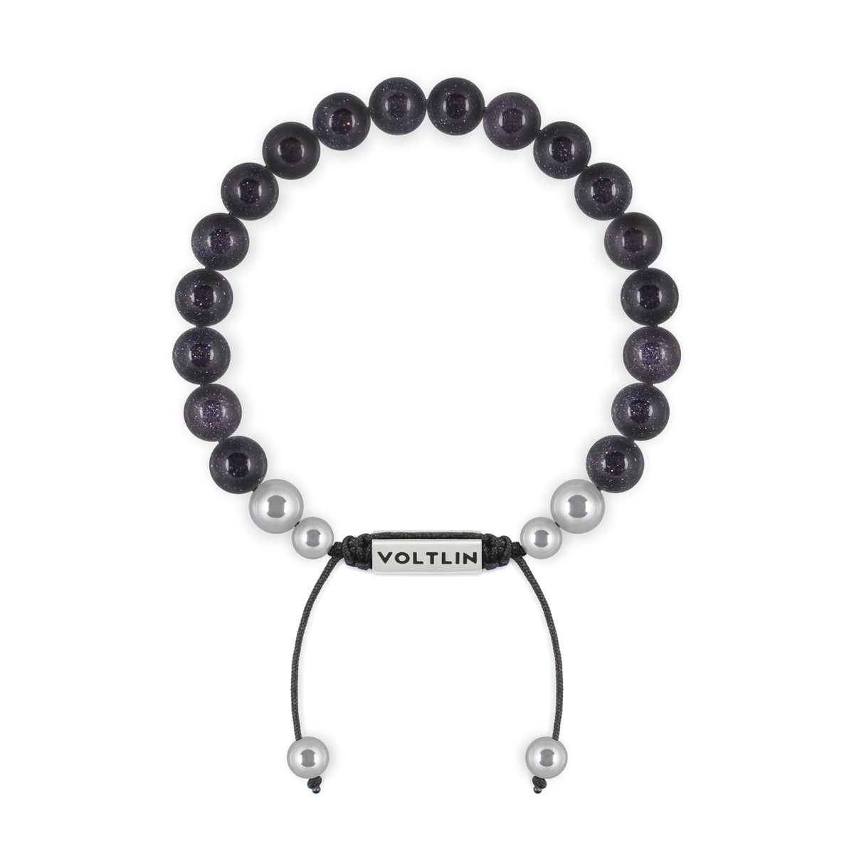 Top view of an 8mm Blue Goldstone beaded shamballa bracelet with silver stainless steel logo bead made by Voltlin