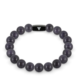 Front view of a 10mm Blue Goldstone crystal beaded stretch bracelet with black stainless steel logo bead made by Voltlin