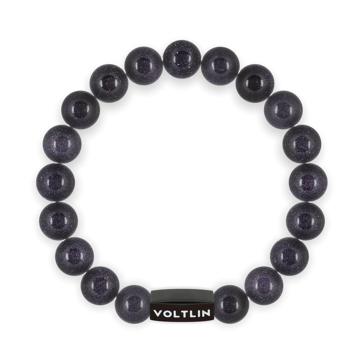 Top view of a 10mm Blue Goldstone crystal beaded stretch bracelet with black stainless steel logo bead made by Voltlin