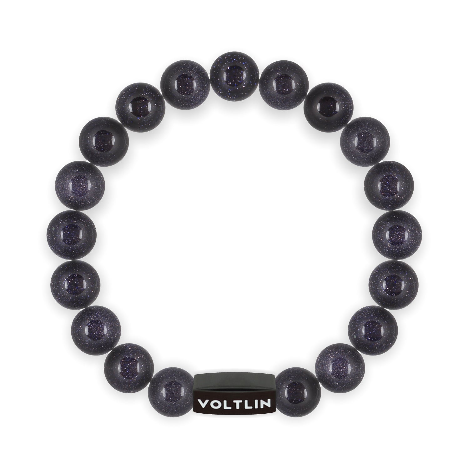 Top view of a 10mm Blue Goldstone crystal beaded stretch bracelet with black stainless steel logo bead made by Voltlin