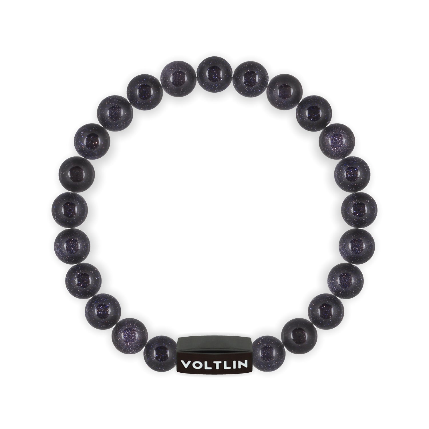 Front view of an 8mm Blue Goldstone crystal beaded stretch bracelet with black stainless steel logo bead made by Voltlin