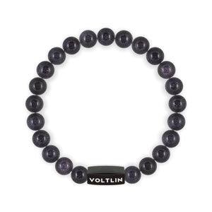 Top view of an 8mm Blue Goldstone crystal beaded stretch bracelet with black stainless steel logo bead made by Voltlin