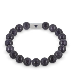 Front view of a 10mm Blue Goldstone beaded stretch bracelet with silver stainless steel logo bead made by Voltlin