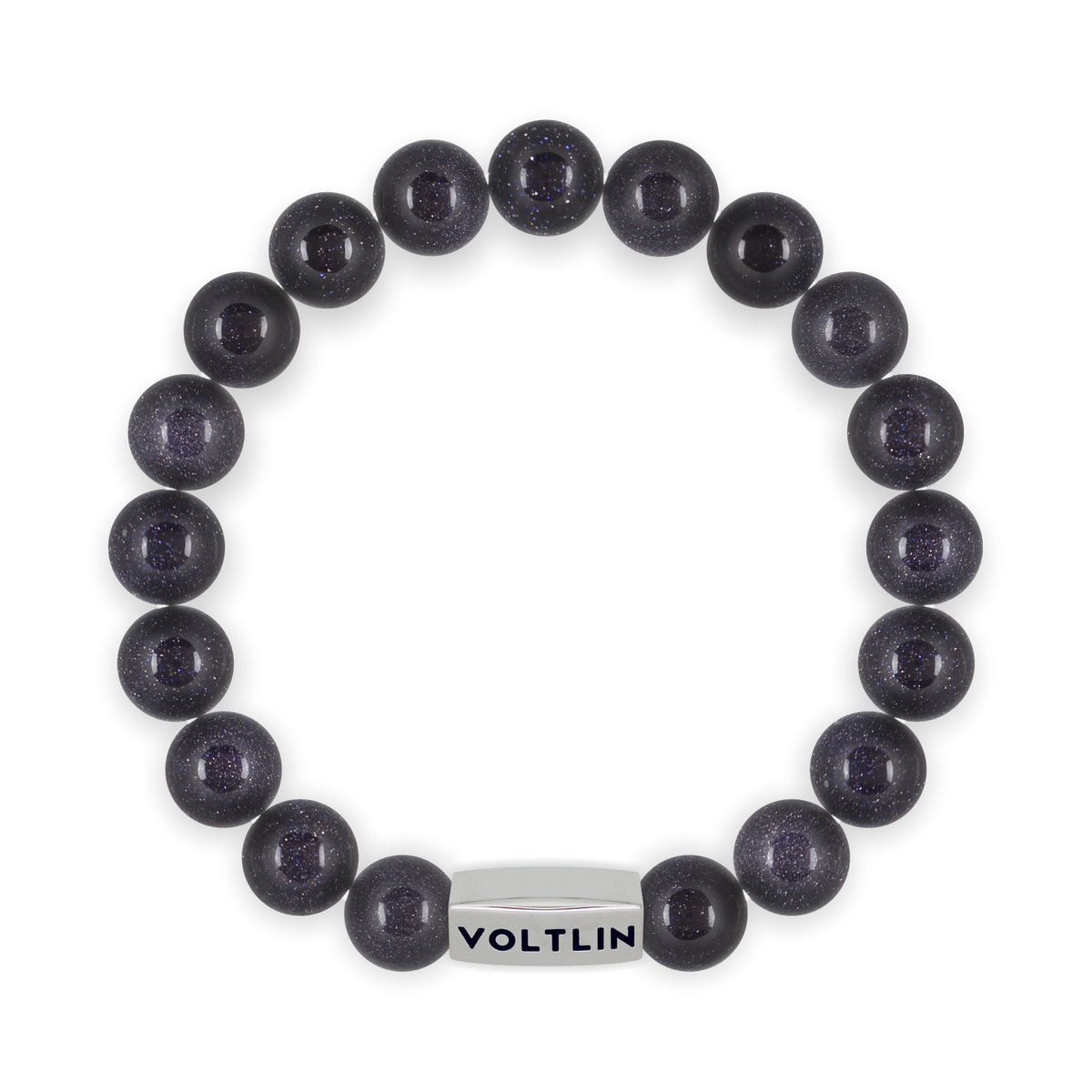 Top view of a 10mm Blue Goldstone beaded stretch bracelet with silver stainless steel logo bead made by Voltlin