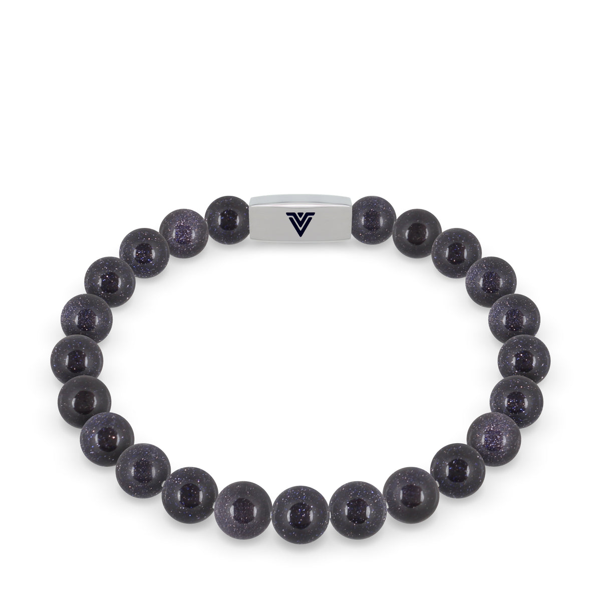 Front view of an 8mm Blue Goldstone beaded stretch bracelet with silver stainless steel logo bead made by Voltlin